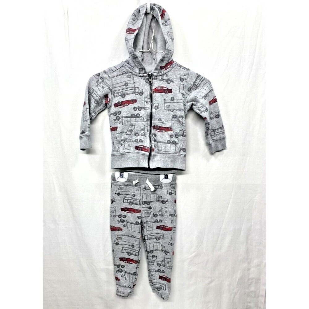 Carters 2pc Sweat Suit Gray W/ Cars & Trucks Boys Automobile Comfy Size 2T